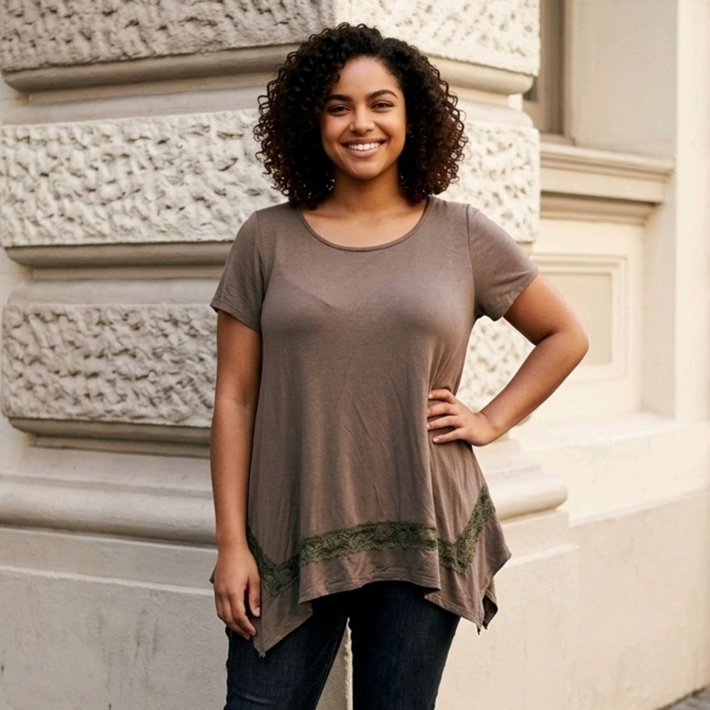 Lane Bryant Lace Tunic Top 14 16 Brown Flowy Boho Knit Blouse Soft Neutral Chic
